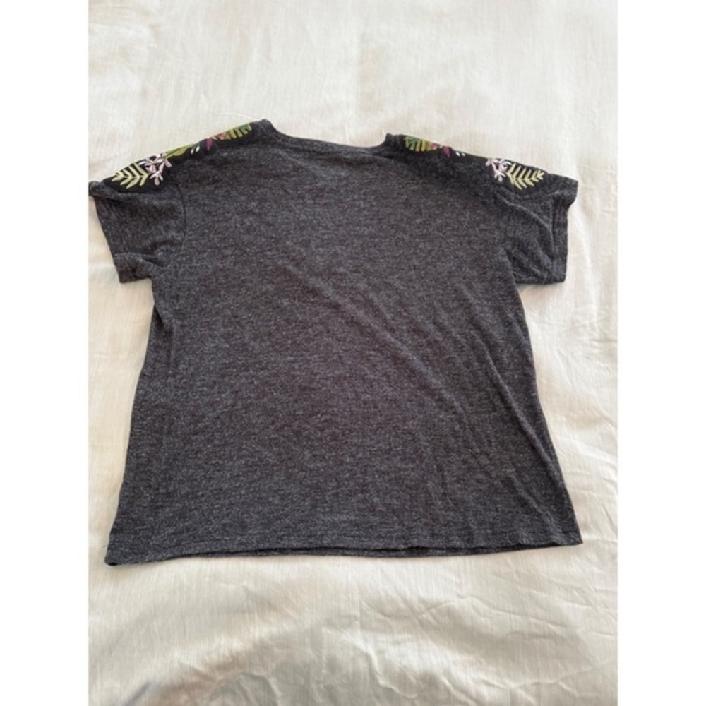 Zara Embroidered Floral Shoulder Tee Women's Charcoal Gray Short Sleeve M L - Picture 5 of 7